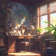 Fototapeta na wymiar Intellectual Escape: A Victorian-Style Study Room Illuminated by Warm Sunlight