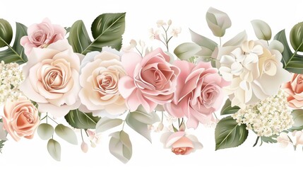 Dusty pink and cream rose, peony, hydrangea flower, tropical leaves vector garland wedding
