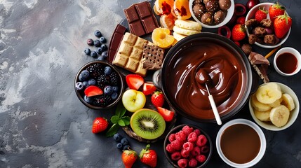 chocolate fondue pot with various fruits and treats surrounding it for dipping in the melted chocolate. 