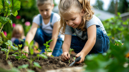 Group of children planting vegetables in a community garden
