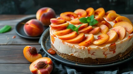 cheesecake with peaches. Homemade cream cake with peaches