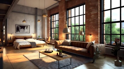 3d rendering of a bedroom interior design in loft style with large windows