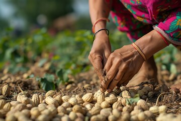 Farmer woman picking peanuts on the field closeup, farmer picking peanuts farm, peanuts farm closeup, peanuts farm background, farmer of pants farm