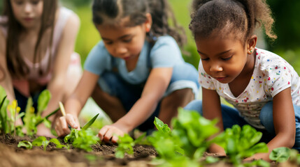 Group of children planting vegetables in a community garden