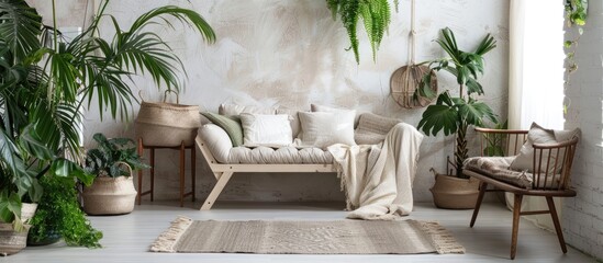 Real photo of a wooden sofa with armchair placed on a rug beside a bench, surrounded by plants in a white loft interior. - Powered by Adobe