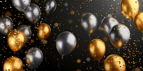 A black background with gold and silver balloons and confetti