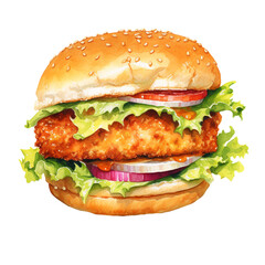 Watercolor Fish Fillet Sandwich Burger With Mayonnaise, Lettuce, Red Onion and Tomato Slices
