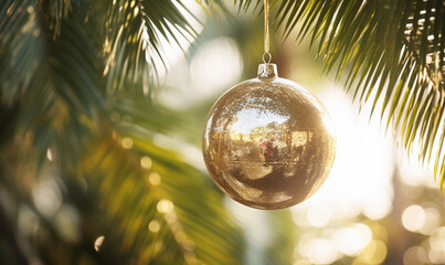Christmas Ball hanging on a Palm Tree Branch. AI-Generated Image