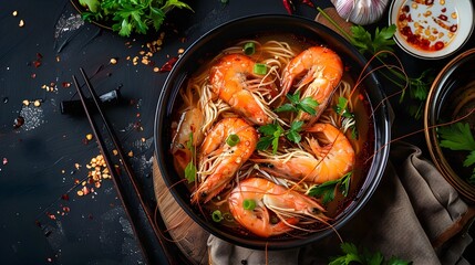 bowl containing soup with shrimps and noodles, in the style of food photography 