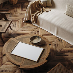 Obraz premium Mockup frame in nomadic boho interior background with rustic decor, 3d render