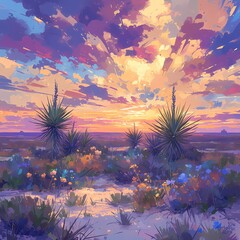 Dramatic Yucca Silhouette at Sunrise with Colorful Clouds and Plants - obrazy, fototapety, plakaty