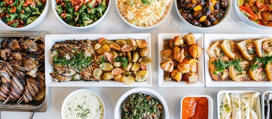 Convenient catering options for your gathering, featuring a variety of dishes laid out for easy serving.