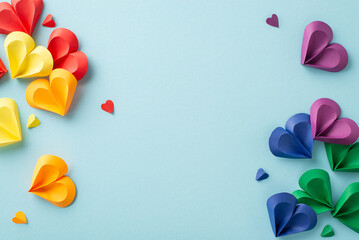A creative arrangement of multi-colored paper hearts in various sizes spread over a light pastel...
