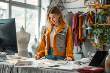 A young fashion designer examines patterns and fabric samples in a bright, organized workspace