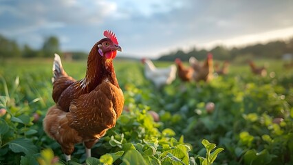 Sustainably Raised Chickens in Pasture for Small Business Egg Production. Concept Small Business, Chicken Farming, Sustainable Agriculture, Pasture Raised Chickens, Egg Production