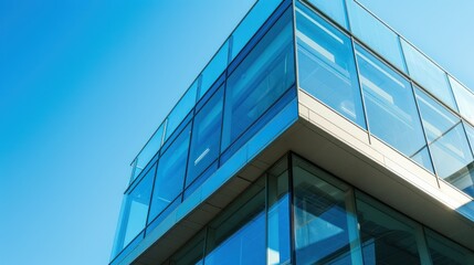 Fototapeta na wymiar Modern building architecture with glass window wall on blue sky background. AI generated