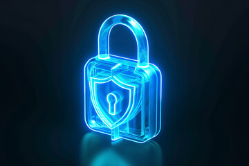 Digital glowing blue padlock with a shield on black background. Cyber security and privacy protection concept.