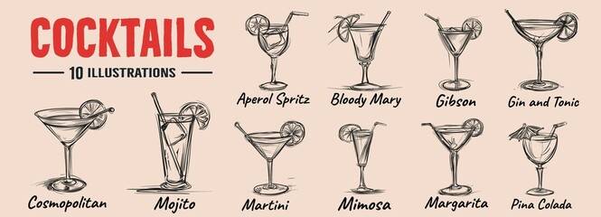 Alcoholic cocktails vector illustration.Sketch set.Bloody mary, pina colada, mojito, margarita,Mimosa, margarita. - obrazy, fototapety, plakaty