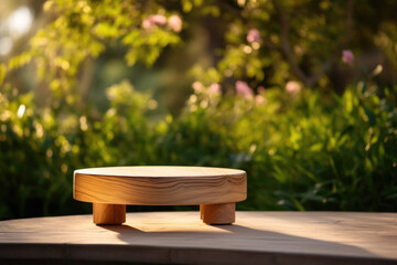 Wooden tray on table in lush grass, natural landscape. Wood empty platform in garden, surrounded by greenery and warmed by sun golden hues, perfect for natural product displays