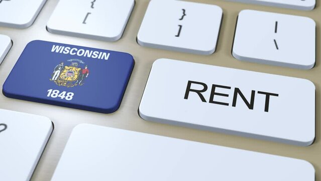 Wisconsin State Flag and Rent Text on Button 3D Animation