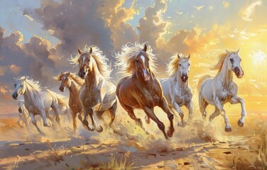 Oil painting of eight horses running towards the sun, golden light, beige and white tones