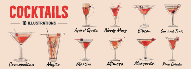 Alcoholic cocktails  vector illustration.Bloody mary, pina colada, mojito, margarita,Mimosa, margarita.