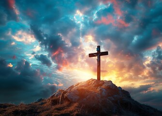 The cross of Jesus Christ against the background of beautiful clouds and rays of light on top of mountain, silhouette of wooden cross symbolizing death and glory of God in heaven