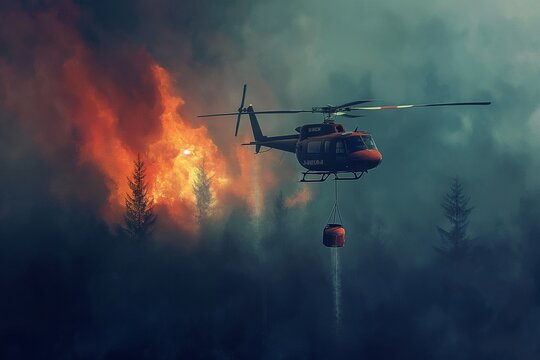 Firefighting helicopters carry water buckets to extinguish, helicopters carry water to stop the fire, fires in the forest, forest burn, summer forest burns, firefighter background, fire background