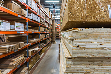 Obraz premium detailed photograph highlighting the durability and versatility of OSB sheets in a hardware store warehouse, with stacks of panels displayed in an organized manner, against a backd