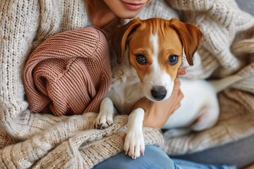 In a snug scene, a pet dog lies contentedly with its owner, who is clad in a cozy, knitted sweater, epitomizing comfort