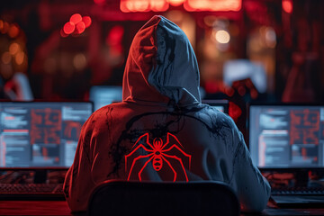 Hacker wearing a hood working on laptops in red lights, with a spider symbol on his back
