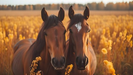 Horses Nuzzling in a Field: A Heartwarming Scene. Concept Equine Affection, Heartfelt Moments, Pastoral Beauty, Tender Bonding