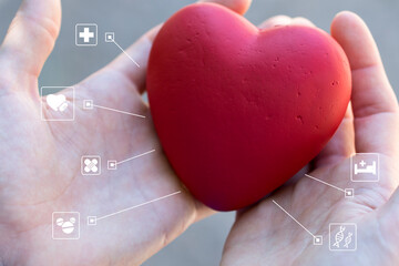 Doctor holds a heart in his hand and shows medical icons on the virtual panel. Healthcare concept. - 791104422