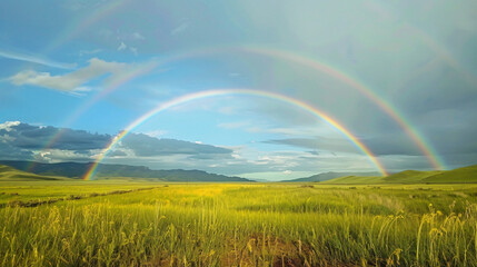 Rainbow arching over a meadow