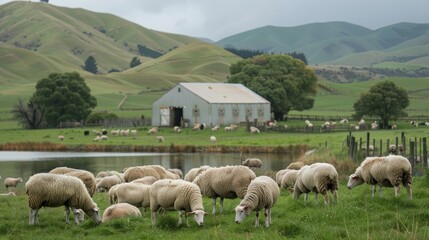 Sheep grazing peacefully near a charming rustic shed in a picturesque pastoral setting - obrazy, fototapety, plakaty