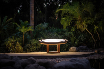 Table with light in forest, surrounded by trees. Wooden podium in green garden, illuminated by the warm night glow, outdoor landscape for product placement