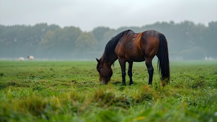 Horses grazing in a lush meadow. Concept Nature, Animals, Grazing, Meadow, Horses