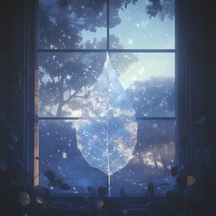 Vibrant Blue and Green Snowflake Leaf Illustration on a Serene Winter Window Scene