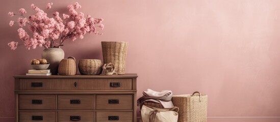 Pink wall with basket and flowers