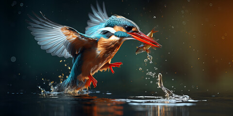 A beautiful kingfisher catching fish over the water . - obrazy, fototapety, plakaty