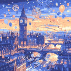 The Majestic River Thames Meets the Vivid Lights of London - obrazy, fototapety, plakaty