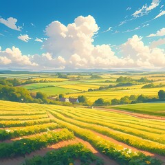Lush Agricultural Scenery with Verdant Fields, Vibrant Plants, and Clear Skies