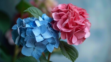 Rose and blue hydrangea. High quality photo. Selective focus 