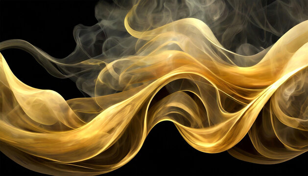 Abstract gold smoke flowing side, isolated on black background, illustration.