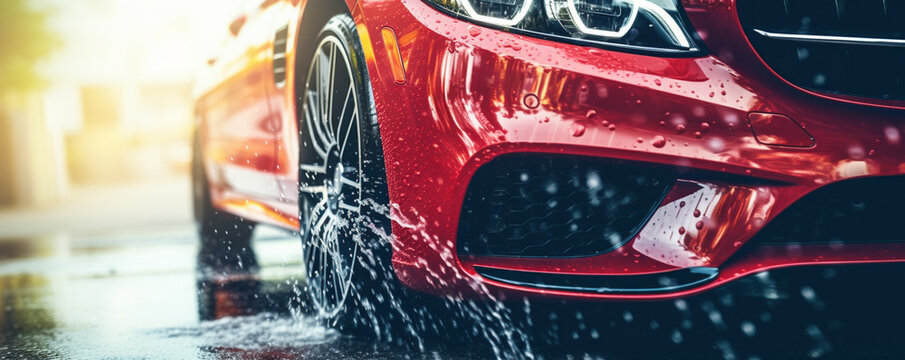 Close up view of luxury sports car wash with falling drops of water. AI-Generated Image