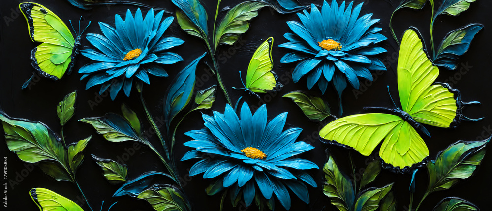 Canvas Prints closeup 3d painting of a nightly field full of blue flowers and phosphorescent green butterflies, bl