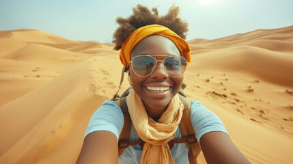 Young African female tourist in sunglasses taking selfie on the desert sand dunes