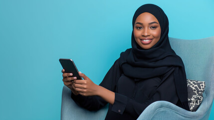 Happy African Muslim woman in abaya hijab using mobile phone while sitting on the armchair and looking at the camera on isolated blue background with space for copy