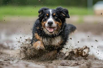 Bernese mountain dog playing and jumping in the mud, summer day, really dirty fur, mud splash