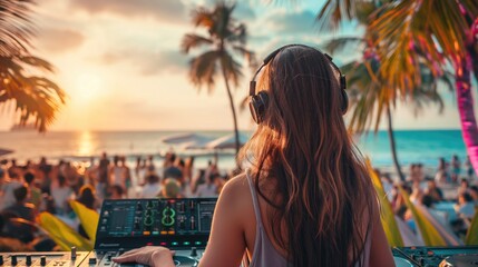 Rear view of a young woman dj with headphones mixing music in beach party on the seaside
